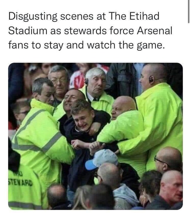 ◆悲報◆アーセナルサポさん、エティハドの警備員に途中帰宅を禁止されるｗ？ｗ？ｗ