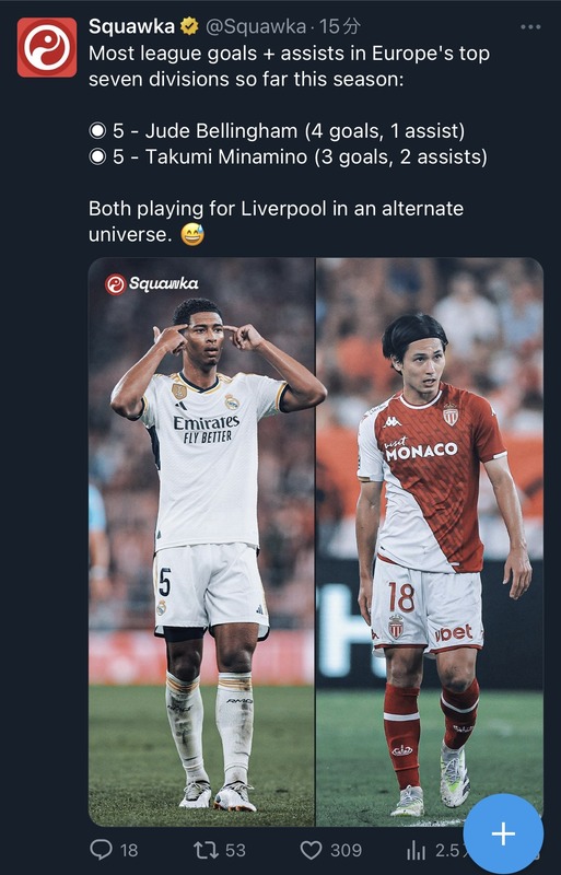 ◆小ネタ◆この二人がリバポにいたかもしれない世界線…欧州7大リーグ最多GAのベリンガムと南野タキ by 英分析サイト