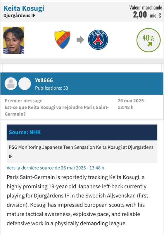 ◆ﾘｰｸﾞ･ｱﾝ◆パリSGがユールゴーデンDF小杉啓太獲りへ! by スポニチ…尚ソースはTransfermarkt