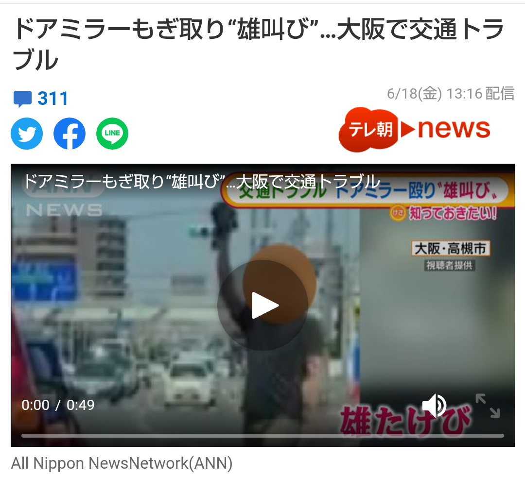 車カス討ち取ったり 交通トラブルからドアミラーもぎ取り雄叫びを上げ武将首のように掲げた男逮捕 くるちゃんねる