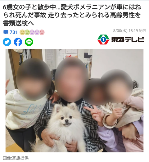 【悲報】6歳の女児と犬を撥ねたジジイ、逮捕　証言は「覚えていない」