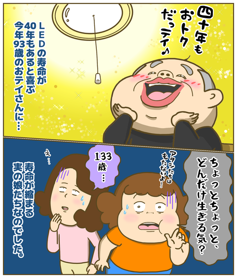LED寿命に期待する祖父に寿命縮まる娘たち
