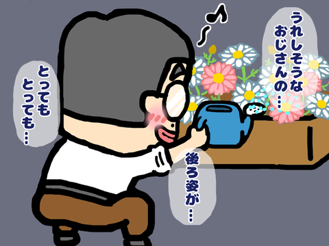 マーガレットの開花を喜ぶおじさん