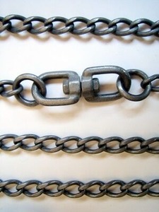 使用に伴い擦り減り光沢がなくなったチェーンと金具