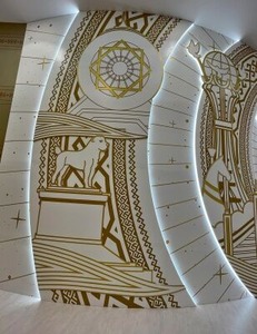 犬と馬を織り込んだパビリオン内1Fの壁面のデザイン画