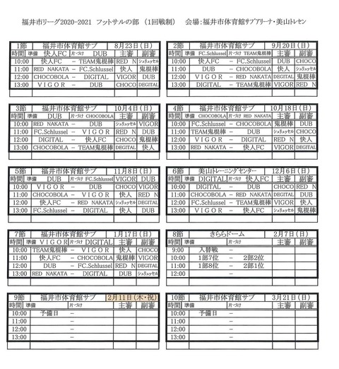 2020シーズン1部リーグ日程