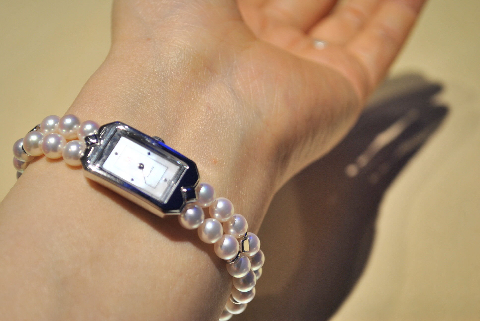 MIKIMOTO ミキモト 腕時計 パール 二重ベルトベージュレザー