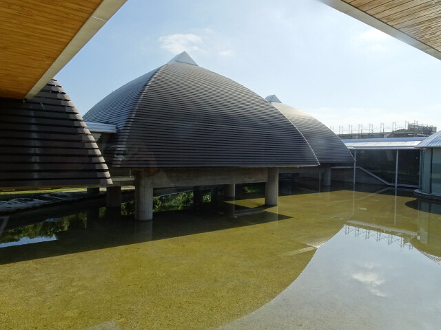 奄美の海をイメージした池に高倉の建物