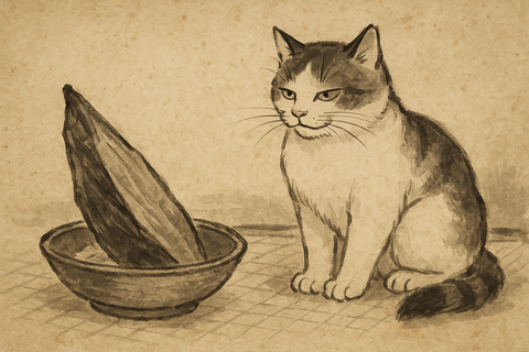かつおぶしを猫に預ける