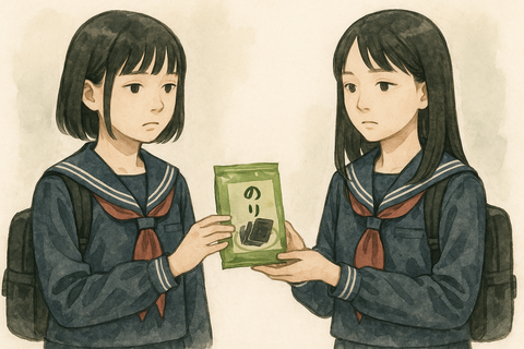 韓国のりを友だちにあげる女子中学生