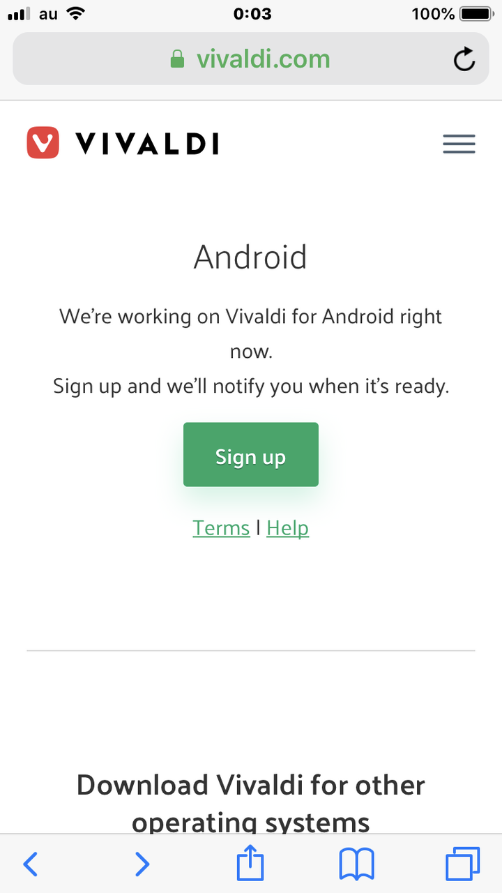 Vivaldi公式HPのダウンロードページにiPhoneでアクセスするとAndroid版の告知!