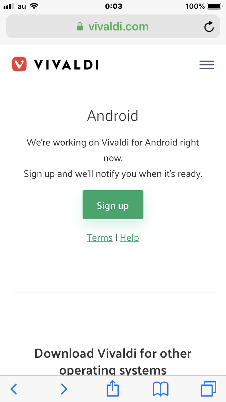 Vivaldi公式HPのダウンロードページにiPhoneでアクセスするとAndroid版の告知！