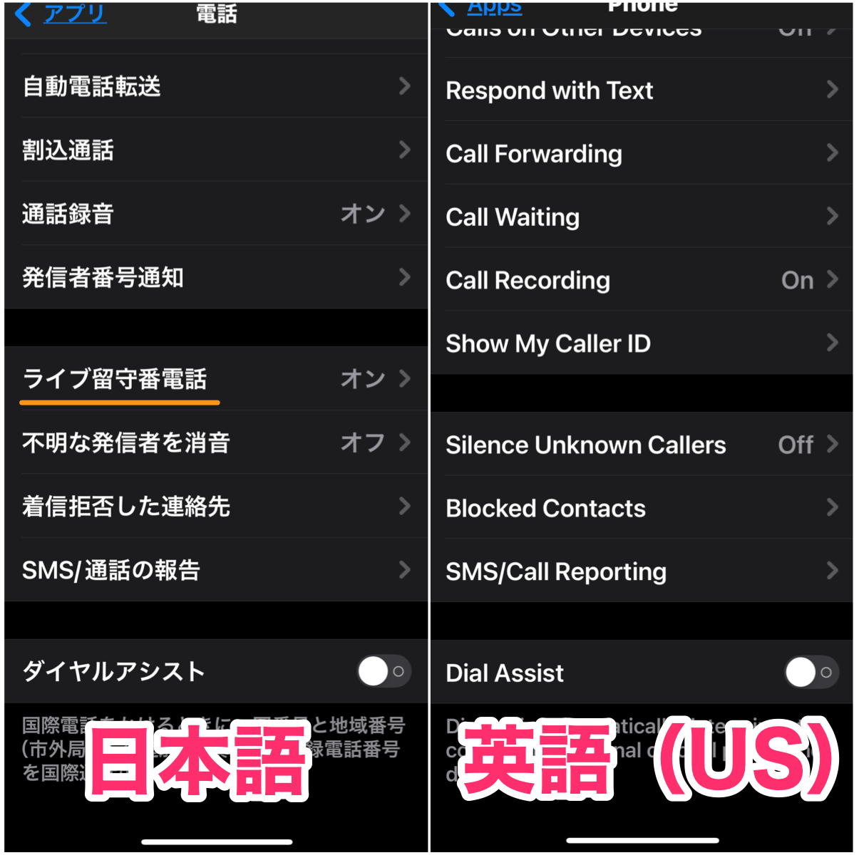 電話アプリの設定欄を日本語と英語で表示した比較。左側の日本語の設定には「ライブ留守番電話」の項目がありますが、右側の英語の設定には「ライブ留守番電話」にあたる「Live Voicemail」の設定項目はありません。