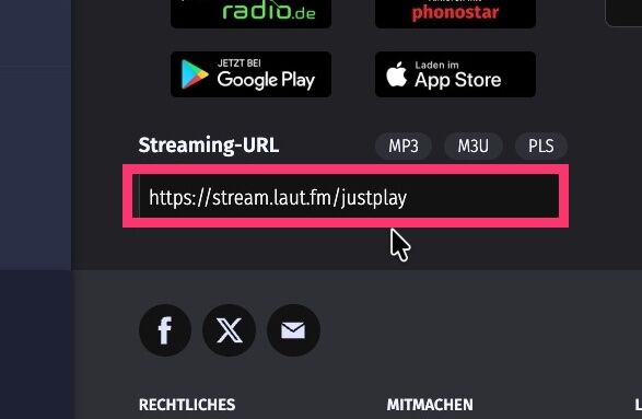 laut.fmの各インターネットラジオ局ページ下部のStreaming URL欄を赤枠で囲ったところ