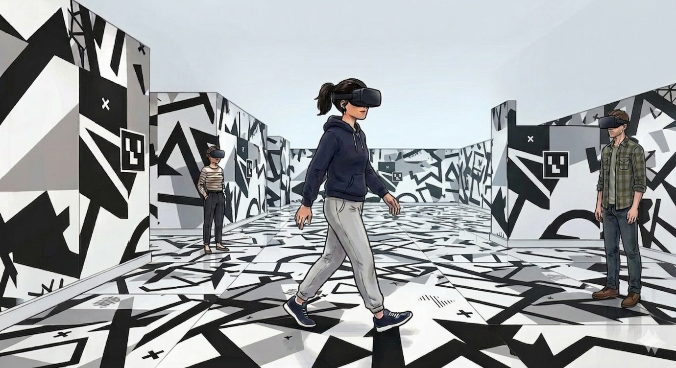 白くて広い部屋で壁や床には黒いキテレツな模様、そこに3人の人がそれぞれ離れてVRゴーグルをつけている