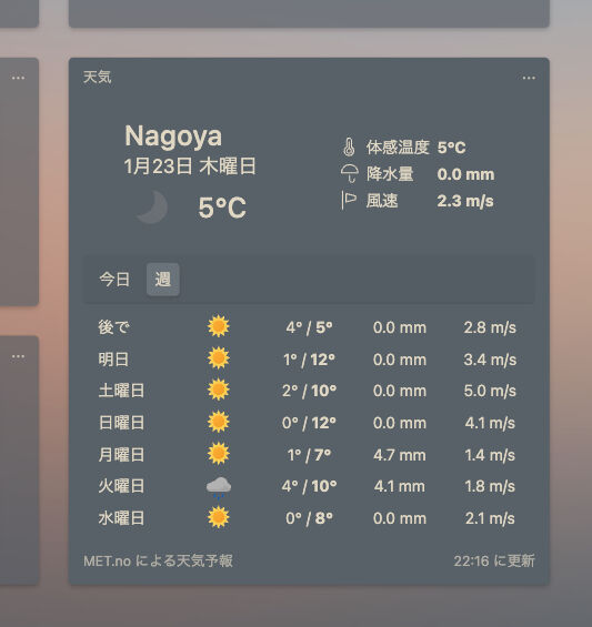 天気予報ウィジェット、場所は名古屋に設定。今日の気温などの情報や週間天気予報が表示されてる