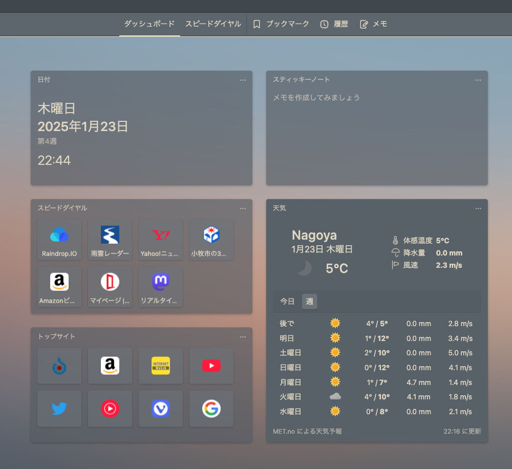 Vivald ダッシュボードのスクリーンショット、2列表示で左上から今日の日付、スピードダイヤル、トップサイト。右列は上からメモ、天気予報が表示されてる。