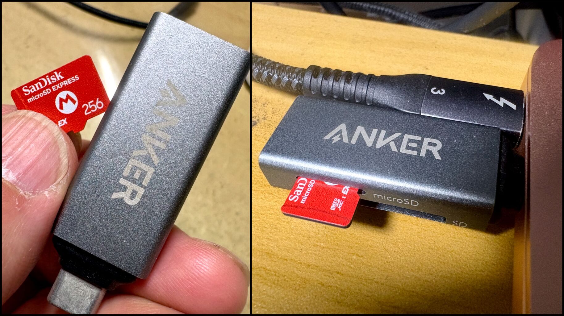2枚の写真を組み合わせたもの、左側は赤い microSD EXpressカードと小さいカードリーダーを両方手に持ってる、右側はそれらが mac にささってる