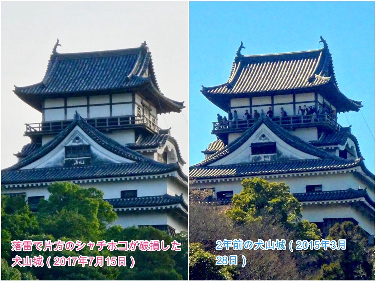 落雷でシャチホコが破損した数日後の犬山城と2年前（2015年3月）の犬山城比較 - 6