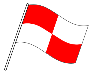 気象庁のページに公開されてる津波フラッグのイラスト。赤と白の格子状の旗のイラスト