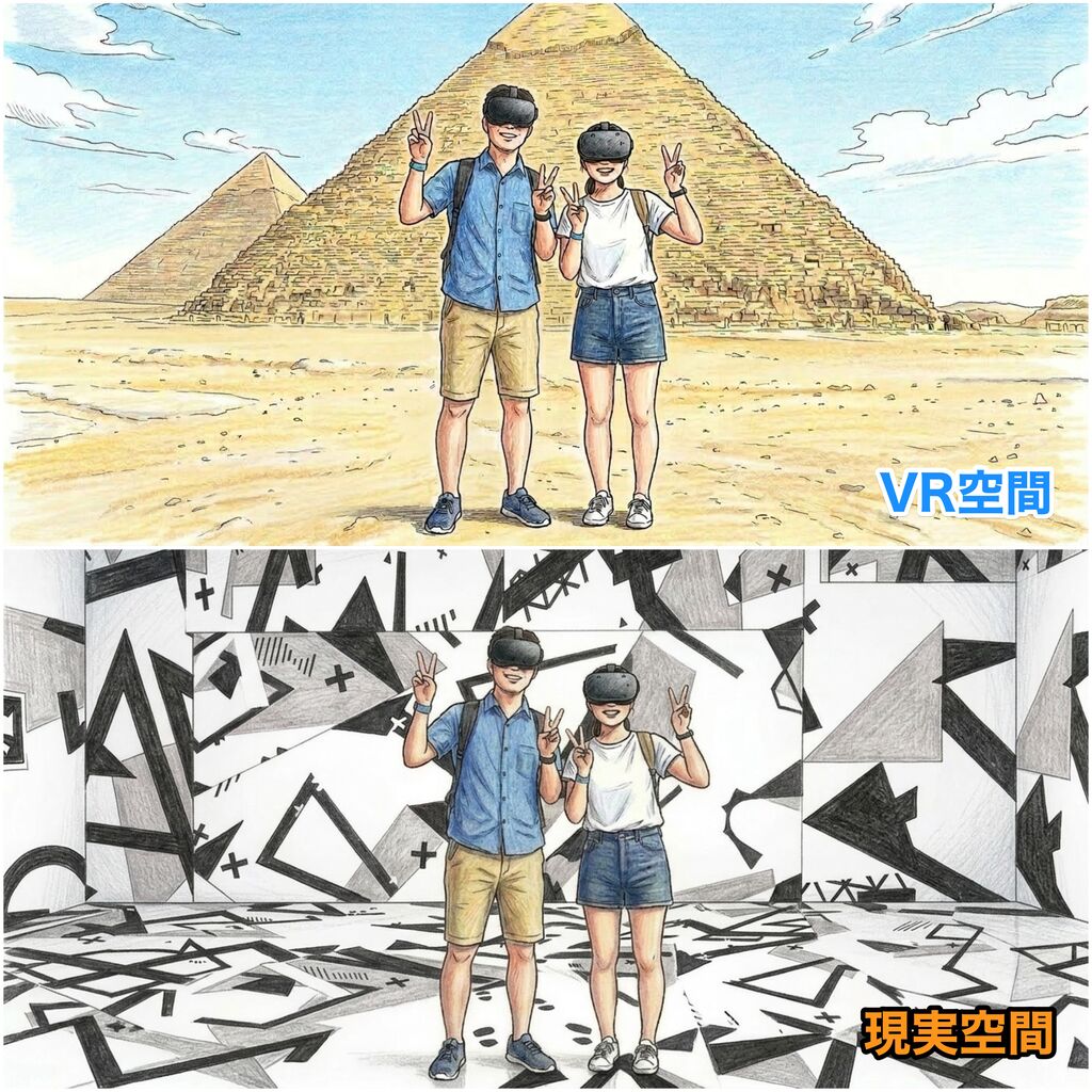 上下2枚の画像を組み合わせたもの、上はピラミッドの前でVRゴーグルつけた男女2人がこちらに向けてピースサインしてる、画像右端に「VR空間」と表記、下は奇妙な白黒模様が描かれた部屋でVRゴーグルつけた男女2人が上の画像と同じようにこちらにピースサインしてる、画面右下に「現実空間」と表記