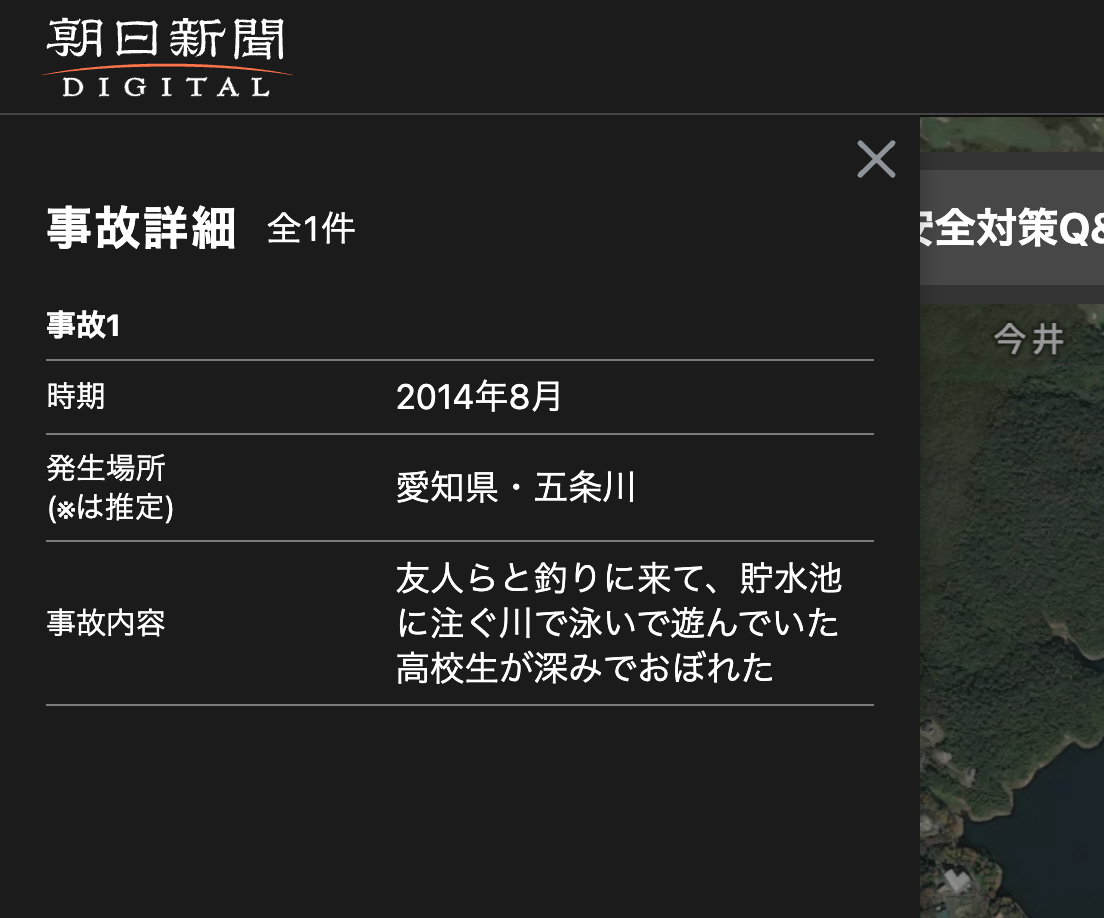 入鹿大橋付近の水難事故マップの詳細部分のアップ。事故の時期と場所、内容が記されています。