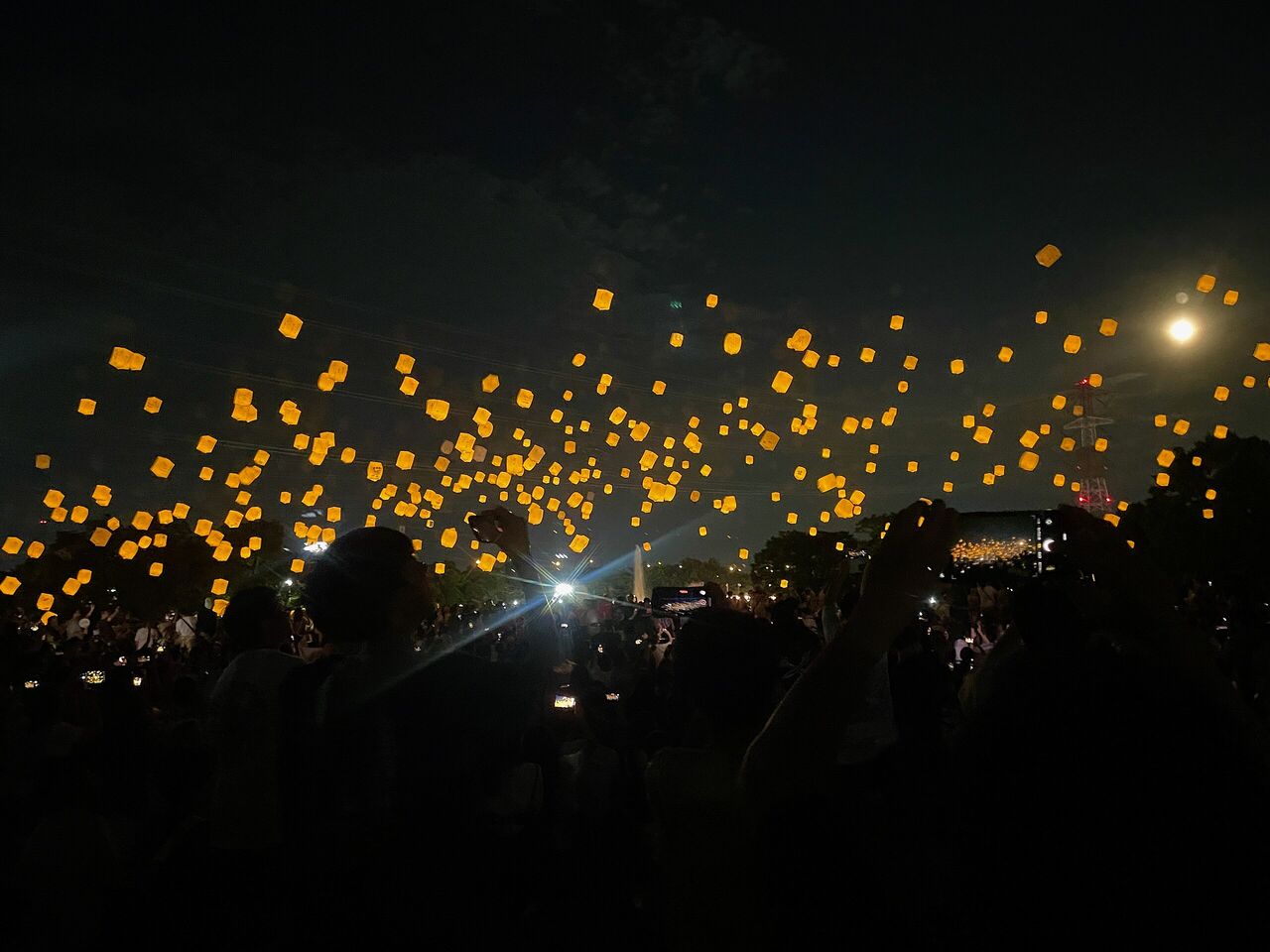 夜空に広がるスカイランタンの写真