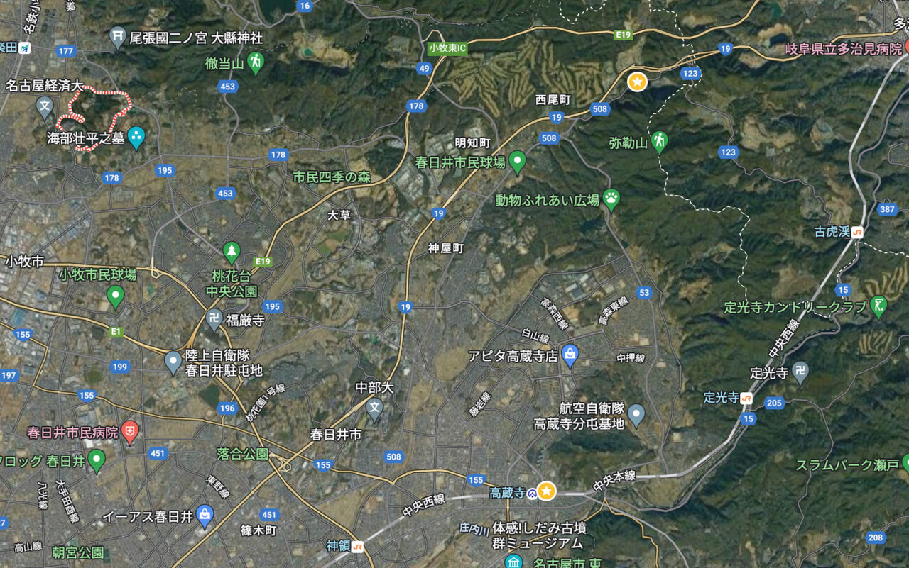 犬山市蓮池地区と定光寺周辺を表示した地図。航空写真。