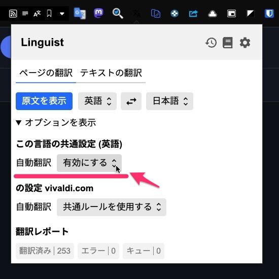 Linguistのポップアップの「オプションを表示」をクリックしたところ