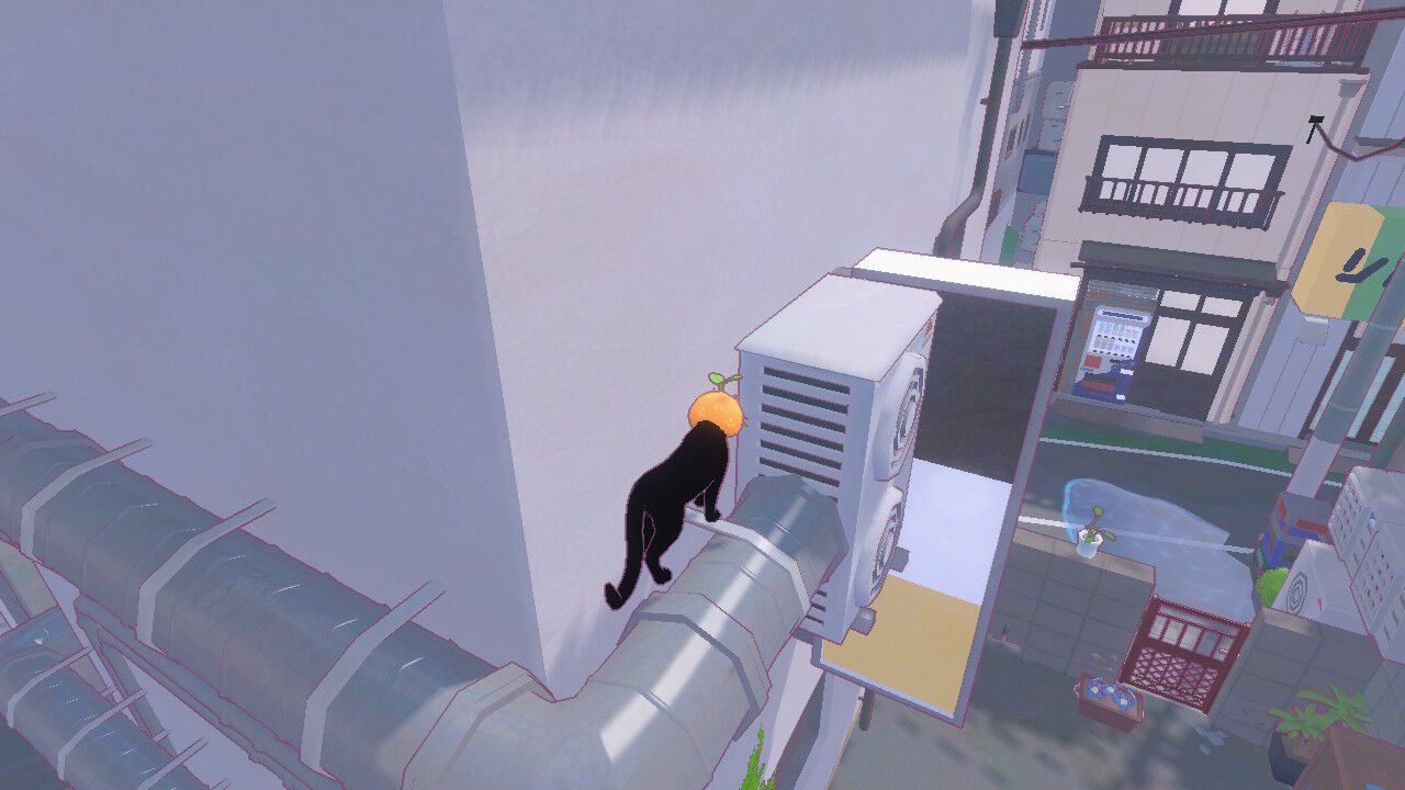 「Little Kitty, Big City」のスクリーンショット。室外機の手前、排気ダクト管の上で黒猫がたたずんでる。
