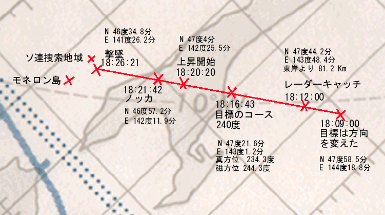 サハリン上空での航跡