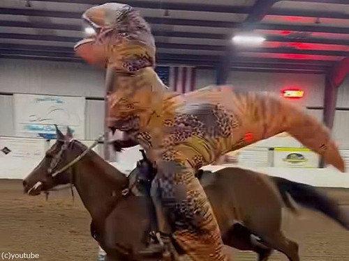 恐竜コスチュームで馬に騎乗すると…この迫力！（動画）