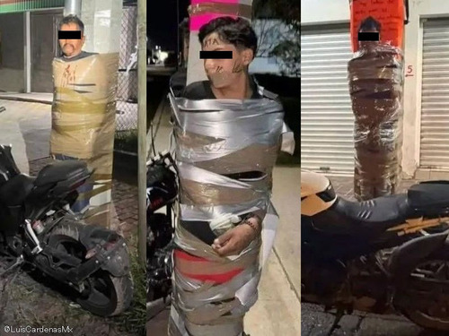 メキシコの町に現れた謎の「バットマン」…バイク泥棒たちを電柱にぐるぐる巻きにする
