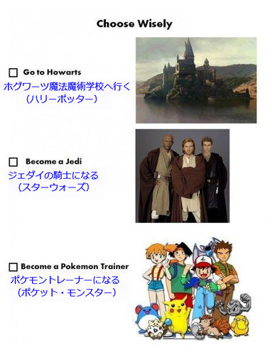 1. ホグワーツ魔法魔術学校へ行く。（ハリーポッター）2. ジェダイの騎士になる。（スターウォーズ）3. ポケモントレーナーになる。（ポケット・モンスター）