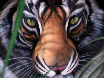 3人の女性のヌードによって描かれた虎のアート00