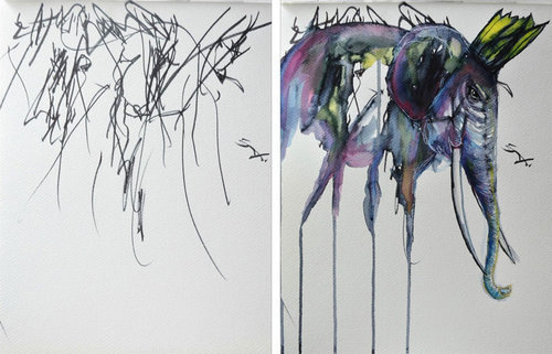 2歳の娘が描いた落書きを母親が水彩画に08