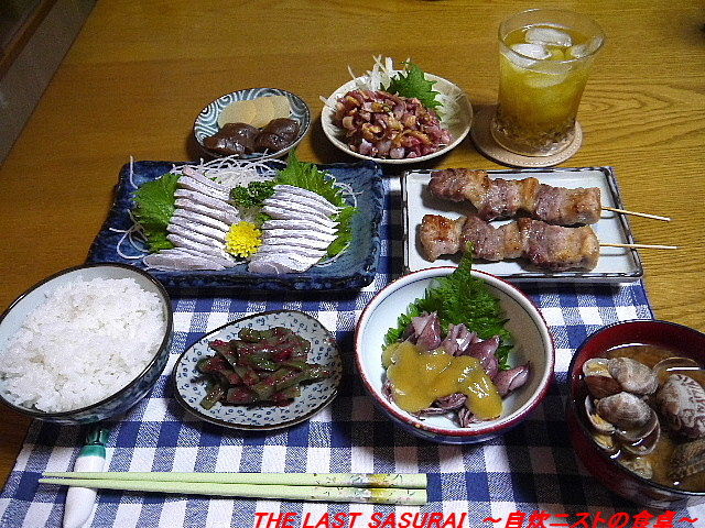 夕食 太刀魚お造り 鶏肉たたき ほたるいか酢味噌和え The Last Sasurai 自炊ニストの食卓