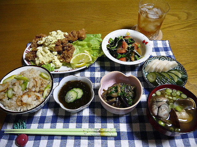 夕食 ほたてとアスパラの炊き込みごはん チキン南蛮 トマトとわかめの和風サラダ The Last Sasurai 自炊ニストの食卓