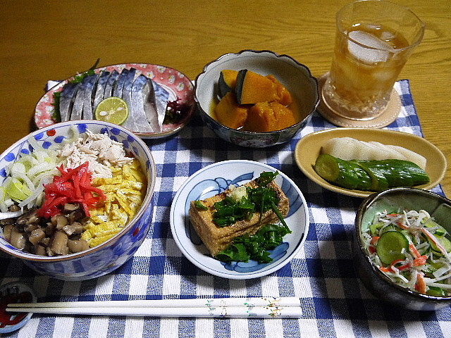 夕食 鶏飯 しめさば 厚揚げ焼き かぼちゃ煮物 The Last Sasurai 自炊ニストの食卓