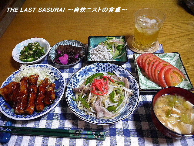 夕食 とんてき 塩焼きそば おくらのごま和え The Last Sasurai 自炊ニストの食卓