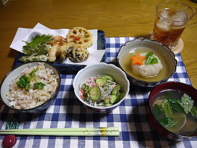 夕食 鯛めし 天ぷら盛り合せ れんこんまんじゅう The Last Sasurai 自炊ニストの食卓