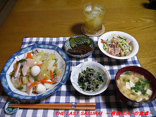 夕食 長崎皿うどん 春雨サラダ ほうれん草じゃこ和え The Last Sasurai 自炊ニストの食卓