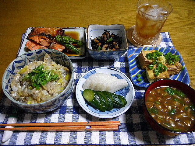 夕食 深川めし 鮭の焼き漬け ひじきの煮物 The Last Sasurai 自炊ニストの食卓