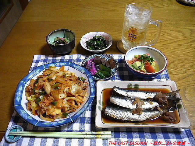 晩酌 豚キムチ焼うどん いわしの梅煮 アボカドとトマトの和え物 The Last Sasurai 自炊ニストの食卓
