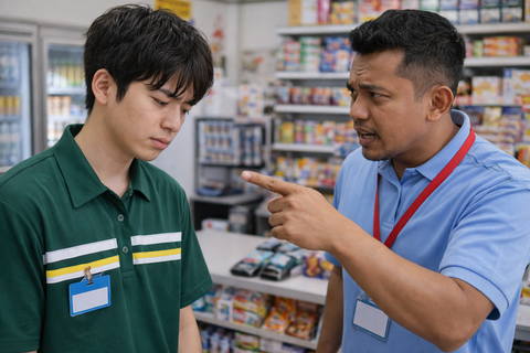 ■ChatGPT/東南アジア男性/店長/日本人男性/店員/指導/注意/パワハラ/コンビニ/左右反転