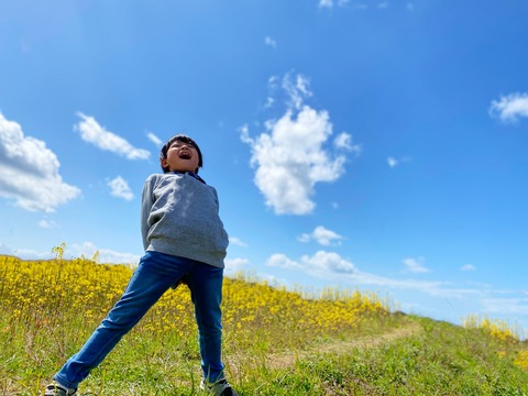 子供／日本人／解放／自由／叫び／野原／自然／青空／雲／感性