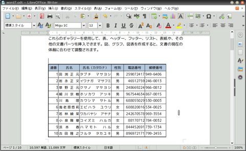 LibreOffice-Tips:LibreOfficeをWriterで挿入した表のセル幅で文字を