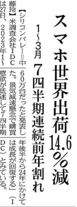 2023.04.29-スマホ世界出荷14.6%減(1-3月)