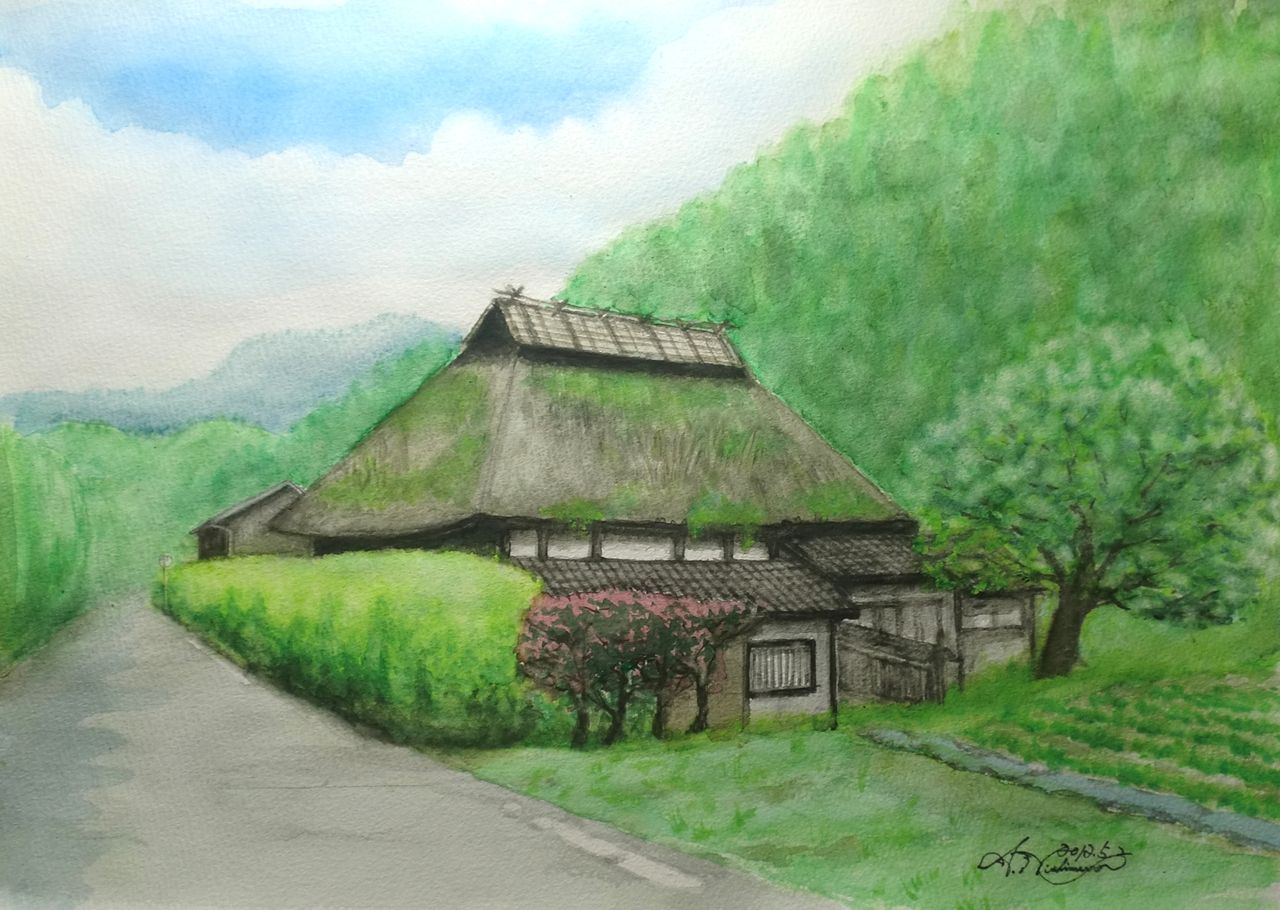 真作】絵画 水彩 秋の郷愁 茅葺き屋根と彩り豊かな風景画 四季