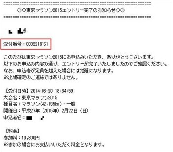 東京マラソン2015エントリー完了のお知らせ